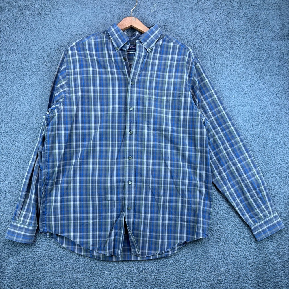 Roundtree & Yorke Mens LT Blue Green Plaid 80s Two-Ply Cotton Button Down Shirt